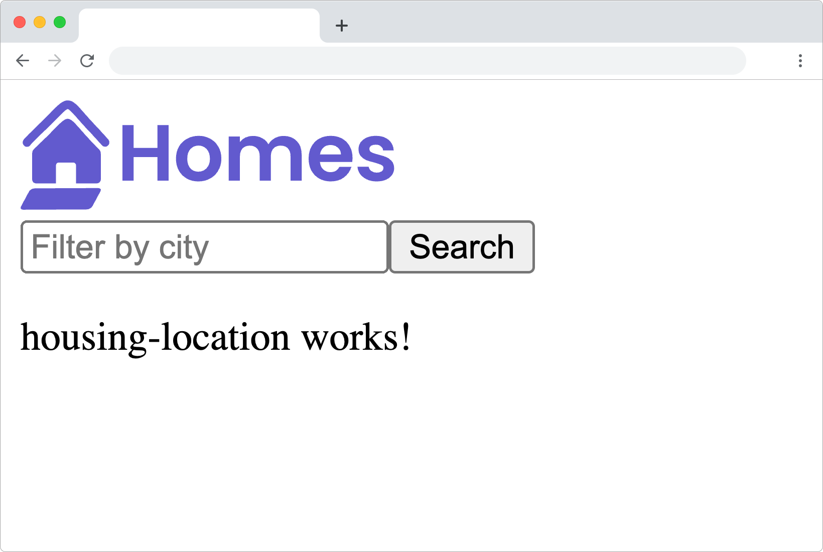 рамка браузера приложения homes-app, отображающая логотип, поле ввода текста фильтра, кнопку поиска и сообщение