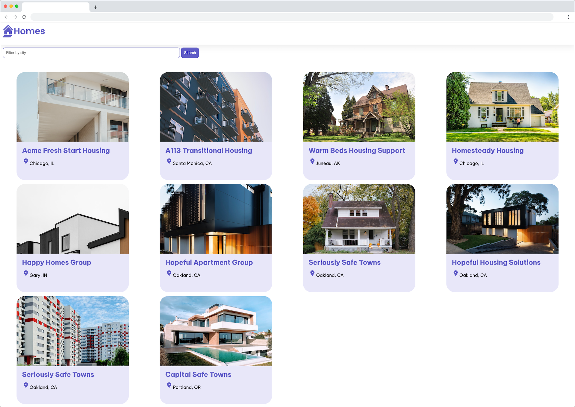 рамка браузера приложения homes-app, отображающая логотип, поле ввода текста фильтра, кнопку поиска и сетку карточек расположения жилья